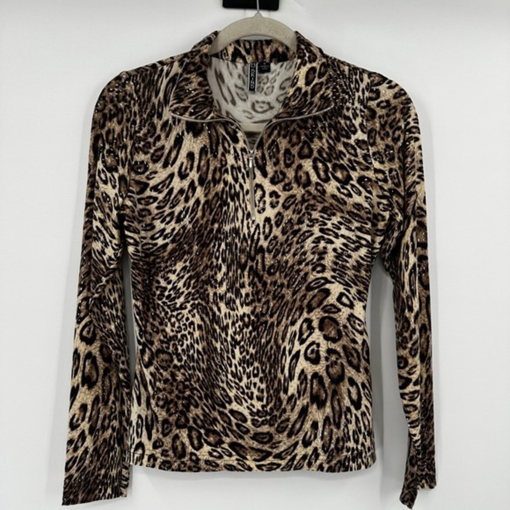 Skin Leopard-Print Long Sleeve Zip Mock Neck Top - Beige & Brown